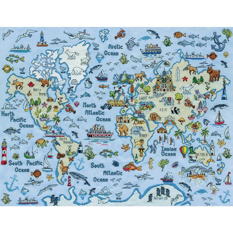 World Map (14 Count) - Cross Stitch Kit 18"X24": Stitch-It Central