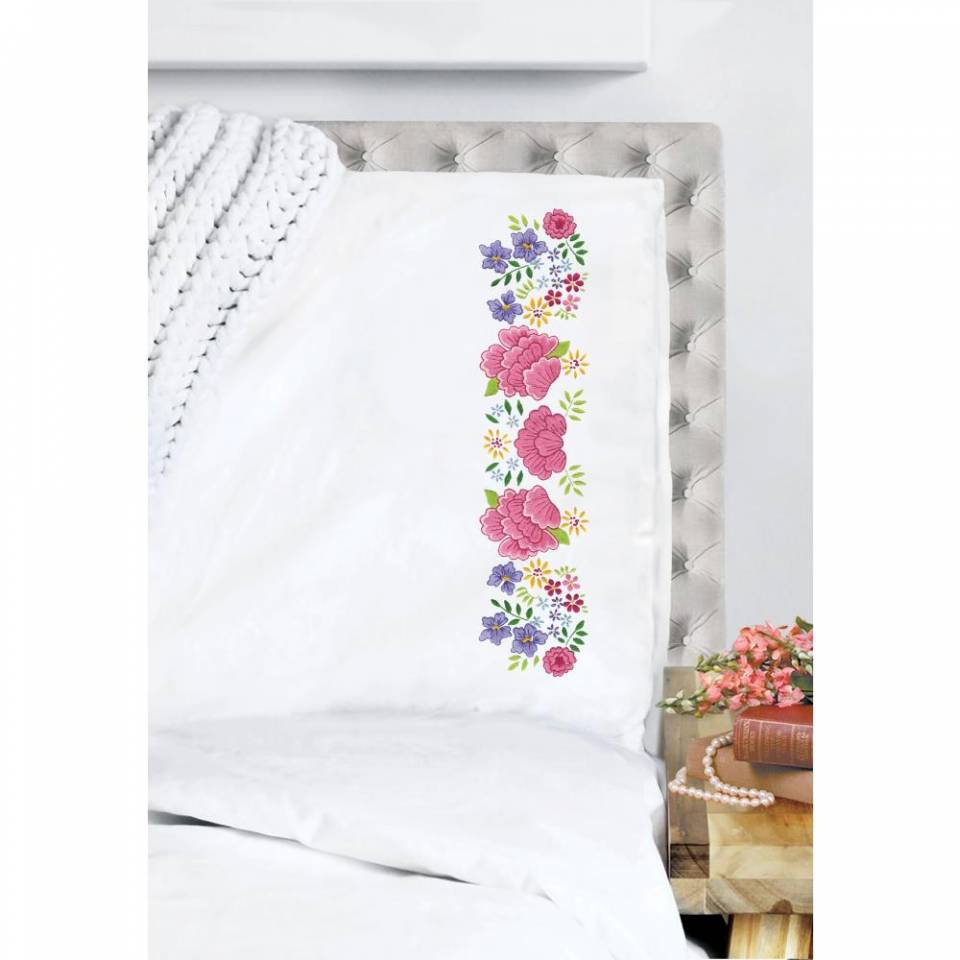 Peony Floral Stamped Embroidery Pillowcase 2Pkg 20