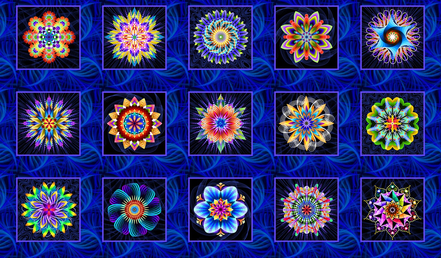 Fractual Flowers - Indigo Fractal Flower Block Panel # 6638-77