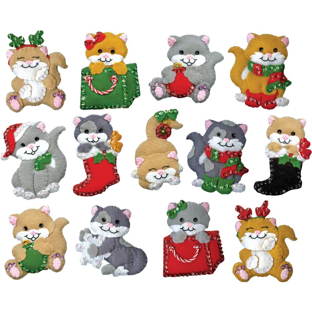 Holiday Cats Ornament Felt Applique Kit 3"X4" Set Of 13 5280 Stitch