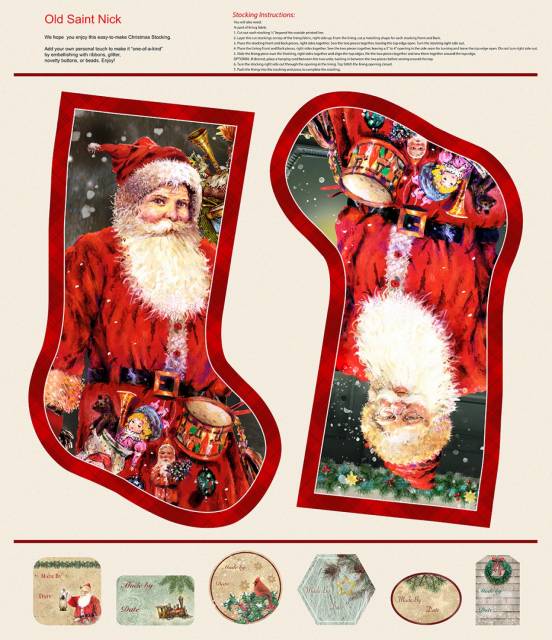 Old Saint Nick - Cream 36" Stocking Panel # 769P-44 - Quilting Fabric