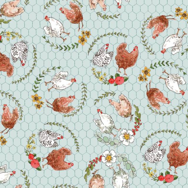 Cottontail Farm - Blue Chickens On A Wire 21540-BLU - Quilting Fabric