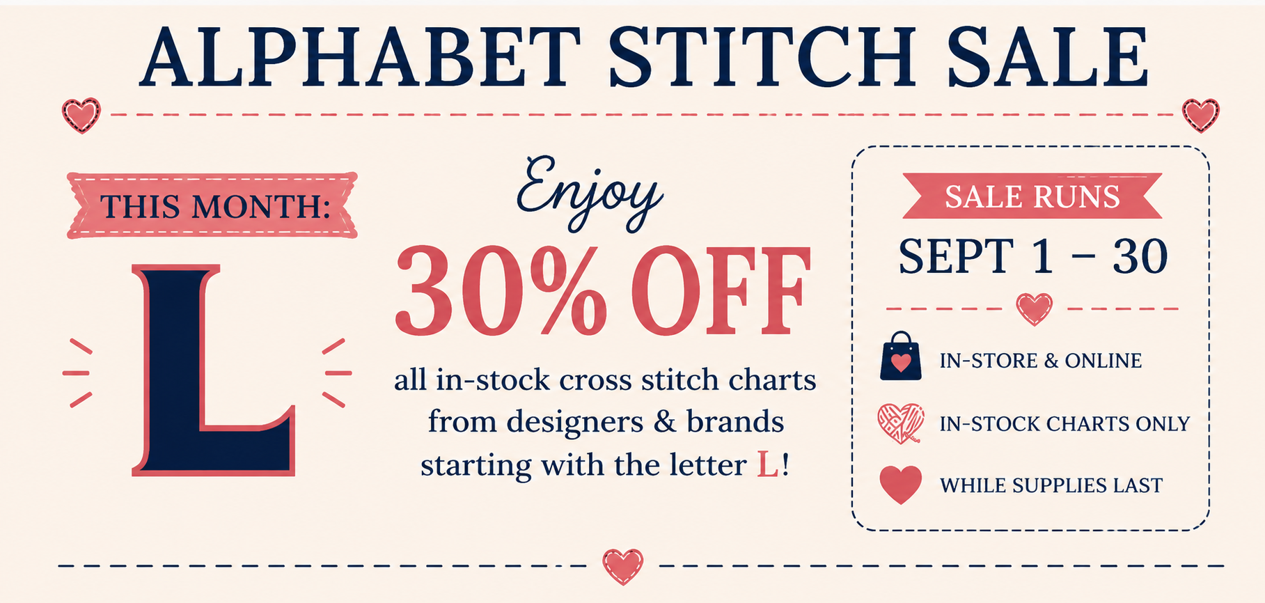 Alphabet Stitch Sale - Save up to 30% off in Stock Cross Stitch Charts - Ends September 30