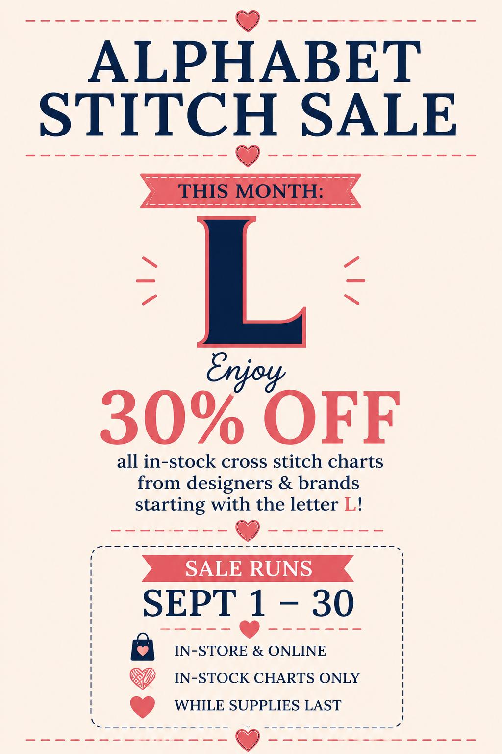 Alphabet Stitch Sale - Save up to 30% off in Stock Cross Stitch Charts - Ends September 30
