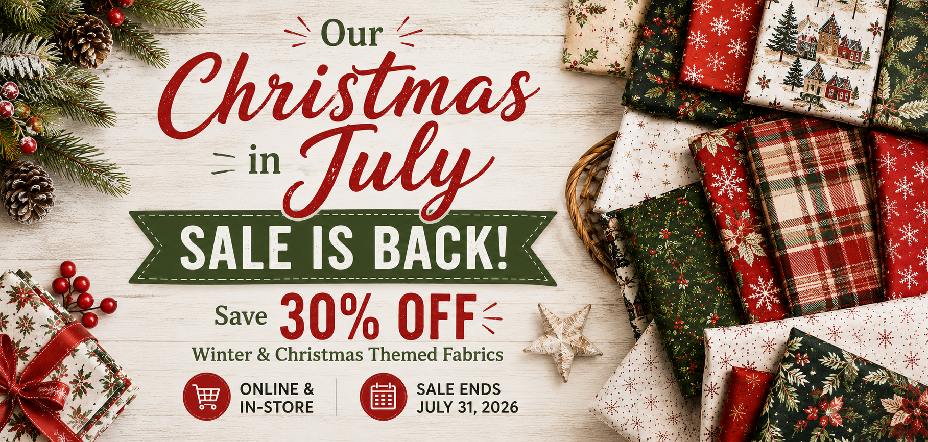 Christmas in July - Save 30% off Christmas Themed Quilting Fabric - Sale ends July 2026